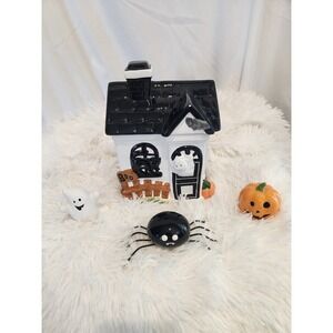 King May Ceramic Haunted Ghost House Cookie Jar Set Complete with 3 Figurines